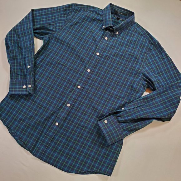 Banana Republic Shirt Men Medium Navy Plaid Slim Flex Fit Stretch Button Down - Picture 7 of 14